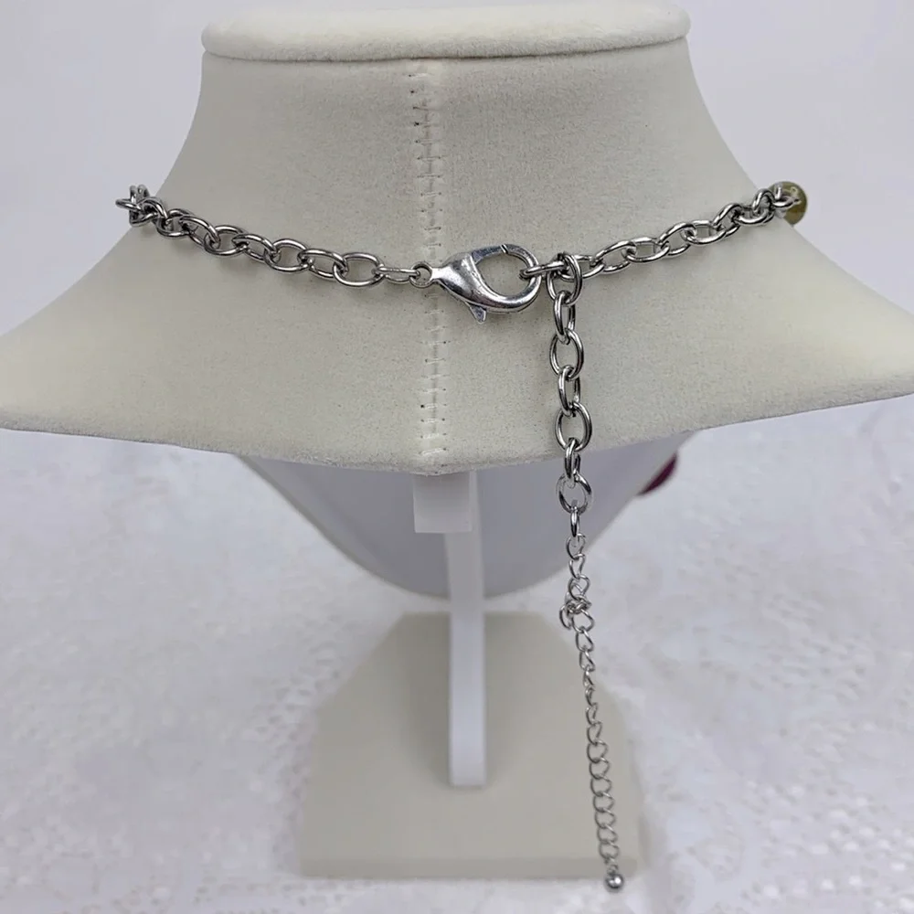Statement Necklace Silver Chain Multicolor beads and metal pendants Adjustable
